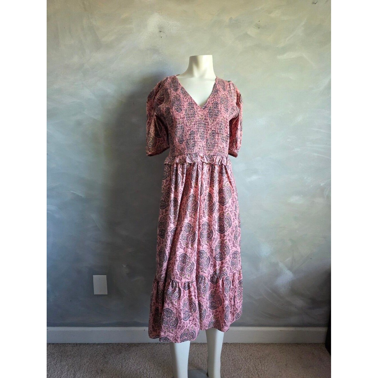 Universal Threads Pink Floral Puff Sleeve Midi Dress Women’s Size S Cotton Blend